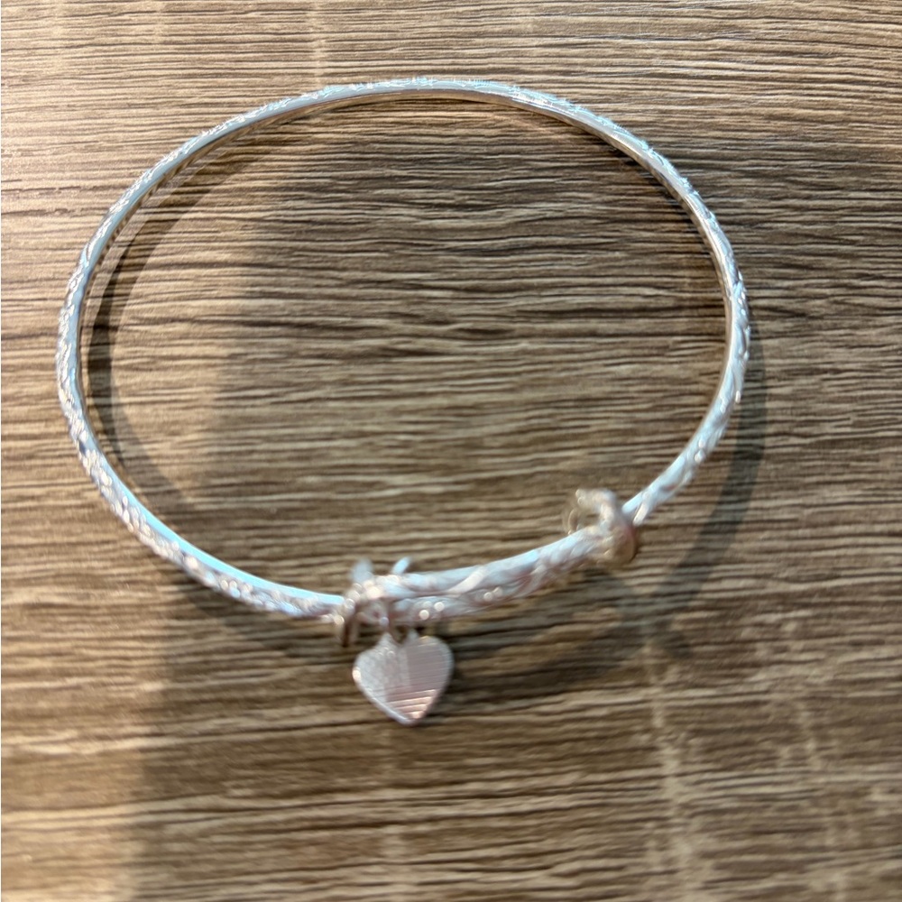 Sterling Silver Heart Charm Bangle Bracelet - Silver